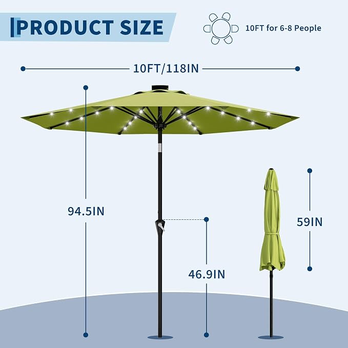Garvee patio Umbrella with Solar Lights, Outdoor Table Umbrella with 8 Durable Ribs, Tilt & Crank Mechanism, Waterproof & UV Protection for Garden, Backyard, Poolside