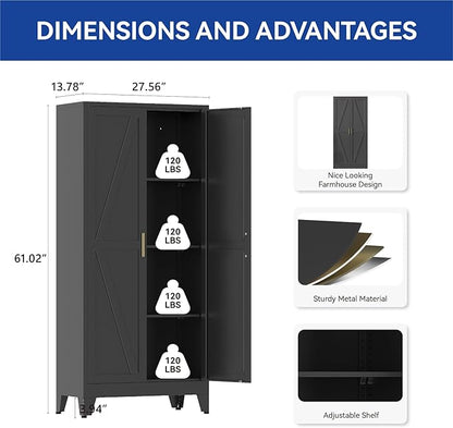 COFaR Metal Pantry Cabinet with Doors, Farmhouse 61'' Tall Storage Cabinet with 3 Adjustable Shelves, Kitchen Pantry Cabinet for Dinning Room, Garage, Laundry, Bathroom, Black 4-Tier