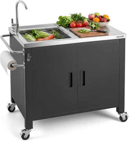 VEVOR Outdoor Grill Cart with Sink and Storage Cabinet, 38 Inch Grill Table, Waterproof Kitchen Island with Stainless Steel Top, Spice Rack, Wheel, Movable Food Prep Station for Patio Bar Backyard BBQ