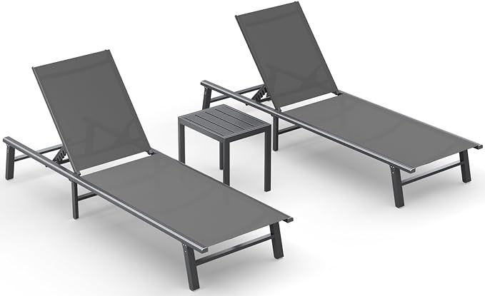 Ciokea Foldable Outdoor Lounge Chair Set of 2 with 1 Aluminum Side Table, Pool Lounge Chairs with Portable Design for Pool, Beach, Deck, Patio, Grey