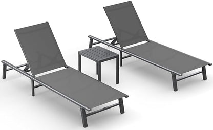 Ciokea Foldable Outdoor Lounge Chair Set of 2 with 1 Aluminum Side Table, Pool Lounge Chairs with Portable Design for Pool, Beach, Deck, Patio, Grey