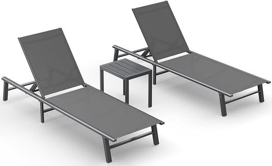 Ciokea Foldable Outdoor Lounge Chair Set of 2 with 1 Aluminum Side Table, Pool Lounge Chairs with Portable Design for Pool, Beach, Deck, Patio, Grey
