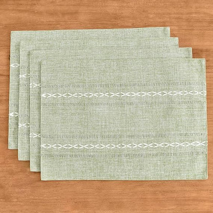 Wracra Cotton Linen Place Mats, Sage Green Embroidered Placemats Set of 6 | Placemats 12 x 18 Inch; Cotton Linen Woven Fabric; Heat Resistant Table Mats; Raised Embroidered Hollow Design