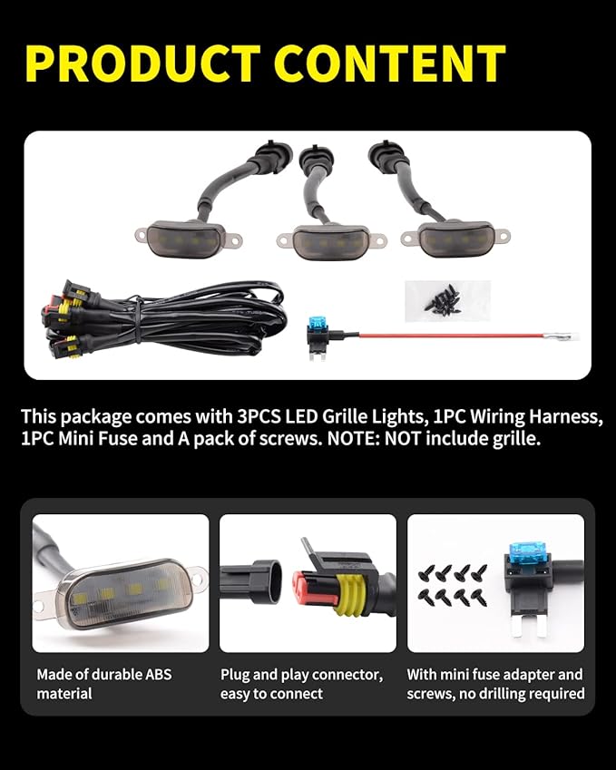 White LED Lights 3PCS Front Grille Raptor Lamps Car Accessories with Harness and Fuse, Compatible with 2004-2019 for-d F150 & 2013-2018 Ram 1500 Raptor Style Aftermarket Grille