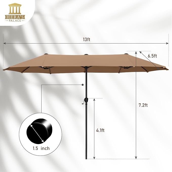 HERA'S PALACE 13 ft Large Patio Umbrella, Double-Sided Twin, Outdoor Market Umbrella with Crank Handle, Powerful UV Protective, Tawny