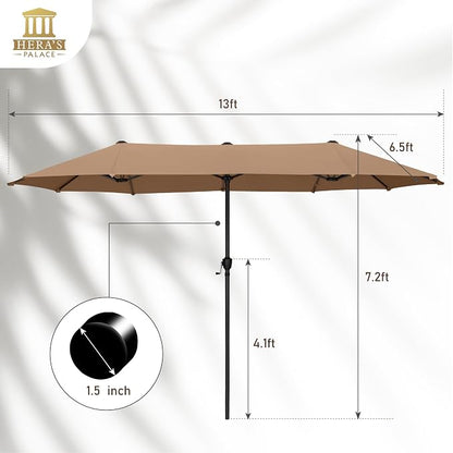 HERA'S PALACE 13 ft Large Patio Umbrella, Double-Sided Twin, Outdoor Market Umbrella with Crank Handle, Powerful UV Protective, Tawny