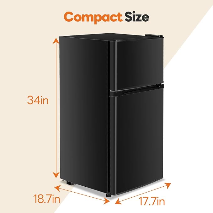 OLIXIS 3.2 Cu.Ft Mini Fridge with Freezer, Small Refrigerator, Black | Double Door Design, 7-Level Thermostat, 41 dB Quiet Operation, 0.8 kWh Daily, LED Interior Light for Bedroom, Office, Dorm