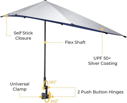 G4Free Beach Chair Umbrella with Universal Clamp UPF 50+ Golf Cart Umbrella | 46"x44" Large Canopy Sun Umbrella UV Protection, Adjustable Clamp for Beach Chair/Wheelchair/Stroller, 360° Flex Shaft, 7 Rib