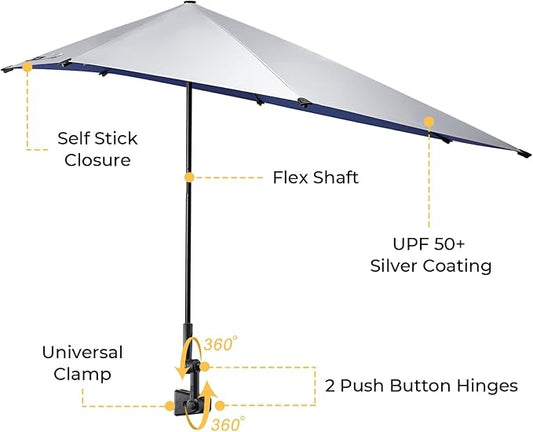 G4Free Beach Chair Umbrella with Universal Clamp UPF 50+ Golf Cart Umbrella | 46"x44" Large Canopy Sun Umbrella UV Protection, Adjustable Clamp for Beach Chair/Wheelchair/Stroller, 360° Flex Shaft, 7 Rib