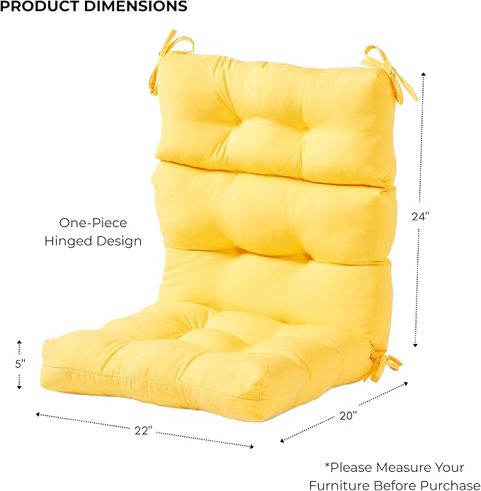 Outdoor Tufted High-Back Chair Cushions, One-Piece Hinged Seat and Back Design, Reversible with 4 Ties, Durable Polyester Fabric, Recycled Fiber Fill - Set of 2, Sunbeam