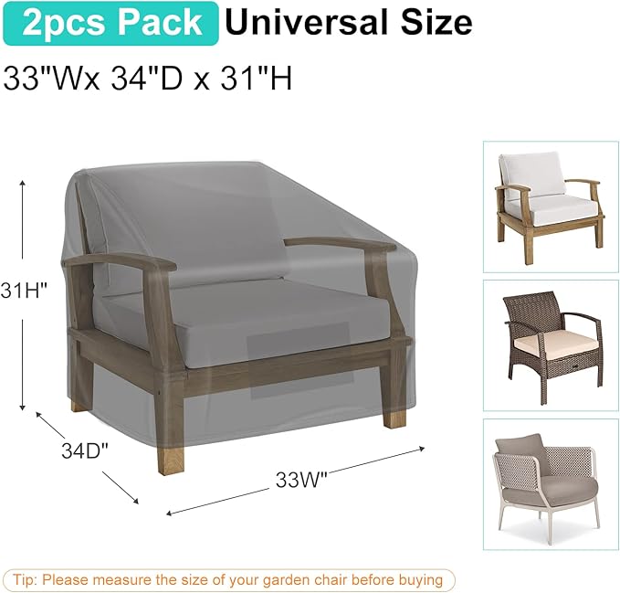 2 Pack Outdoor Patio Chair Covers Waterproof 33"Wx34"Dx31"H, Black | Patio Furniture Covers Protect from Rain, Dust & UV; Heavy-Duty Oxford Fits Lounge, Deep Seat & High Back Chairs on Lawns