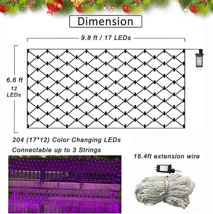204 LED Net Lights, 35 Colors Changing Christmas Net Lights Outdoor, 9.8ft x 6.6ft Connectable Bush Mesh Light Clear Wire for Halloween Christmas Tree Holiday Wedding Party Gazebo Patio Decor