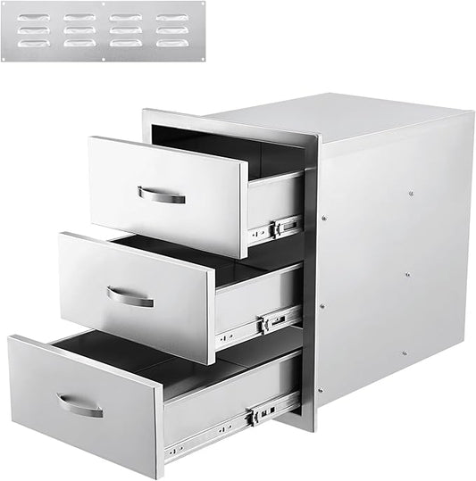 GarveeLife Outdoor Kitchen Drawers 15.7 in Wx 21.6 in H x 17.7 in D Triple BBQ Drawers Stainless Steel Built-in Drawer, Flush Mount BBQ Drawers for BBQ Island or Grill Station, Silver