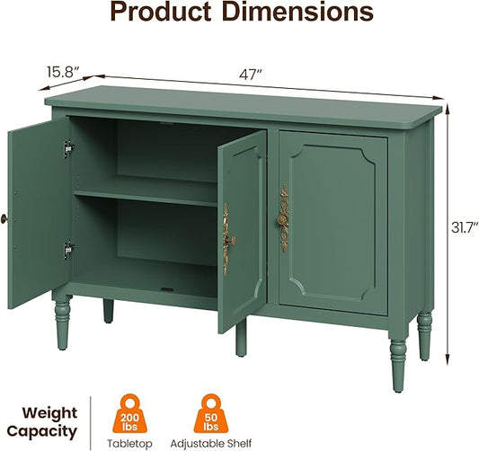 RoyalCraft Buffet Sideboard with 3 Doors, Mid-Century Sideboard Cabinet with Adjustable Shelves, Wood Buffet Cabinet with Turned Legs, Accent Cabinets for Entryway, Living Room, Dining Room, Green