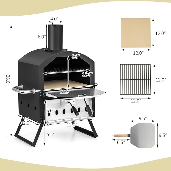 COSTWAY Picnic Outdoor Pizza Oven, Wood Fire Stone with Peel, Waterproof Cover, Fold-up Legs, Portable Stainless Steel Pizza Maker for Camping, Black + Silver