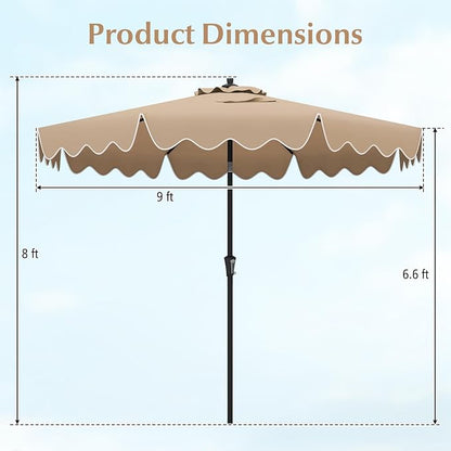 Tangkula 9Ft Patio Umbrella with Crank, 2-Tier Outdoor Umbrella with Push Button Tilt, Sun-Protective Canopy, 8 Ribs, Scalloped Patio Umbrella for Outdoor Beach Deck Pool Table (Coffee)