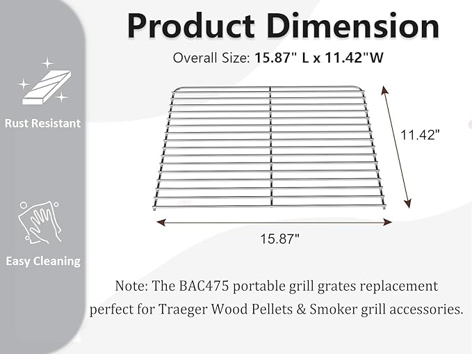 BAC475 Upgraded Portable Grill Grates for Traeger TFT18KLD Grill Parts, Metal Cooking Grate Replacement Part for Traeger Wood Pellets & Smoker Grill Accessories,15.87”L x 11.42”W