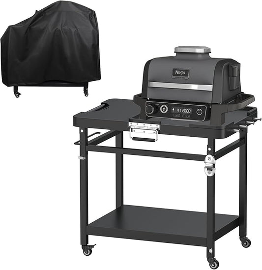 Universal Grill Stand for Ninja Woodfire Outdoor Grills,Portable Foldable Grill Cart Table for XSKUNSTAND OG700 OG800 OG900 OO101 SER Smoker Pizza Oven Accessories with 4 Wheels & Cover