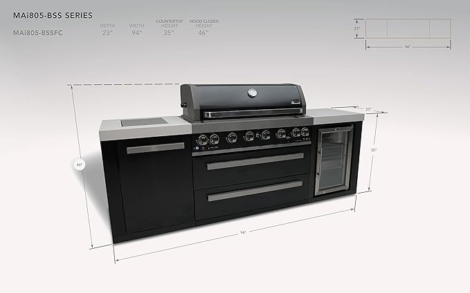 Mont Alpi 94"W x 23"D x 46"H Black Stainless Steel Modular Outdoor Kitchen Island with Refrigerator + 44"W 6-Burner BBQ Gas Grill + Side Burner + White Granite Countertops + Storage Cabinets & Drawers