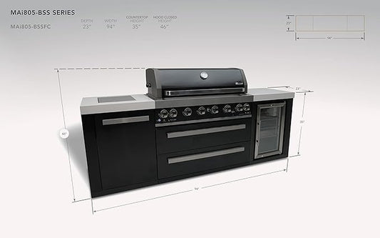 Mont Alpi 94"W x 23"D x 46"H Black Stainless Steel Modular Outdoor Kitchen Island with Refrigerator + 44"W 6-Burner BBQ Gas Grill + Side Burner + White Granite Countertops + Storage Cabinets & Drawers