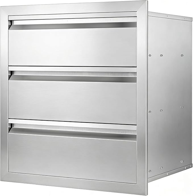 Outdoor Kitchen Drawers 18" x 20.5" x 20.5" Stainless Steel Triple Drawer Cabinet, Flush Mount Modular Storage for BBQ Islands & Patios