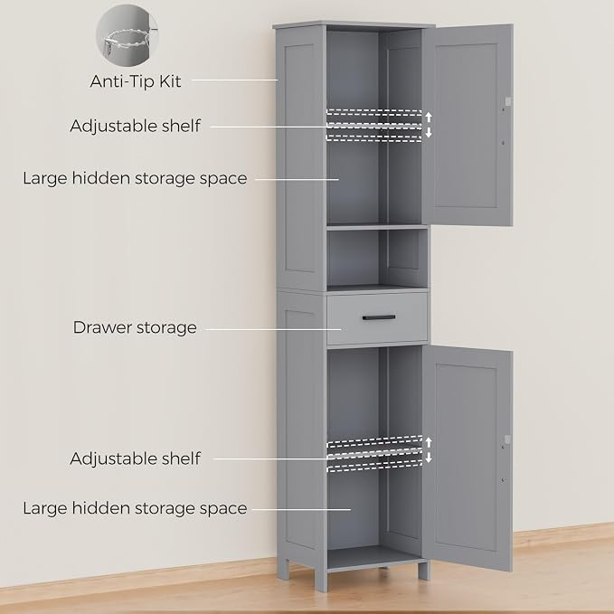 Homhedy 67" H Tall Bathroom Storage Cabinet with Barn Doors and Drawer | Narrow Storage Unit with Adjustable Shelves, Floor Cabinet for Bathroom, Living Room, Entryway or Kitchen, Gray, 15.7" W