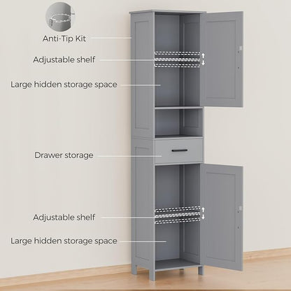 Homhedy 67" H Tall Bathroom Storage Cabinet with Barn Doors and Drawer | Narrow Storage Unit with Adjustable Shelves, Floor Cabinet for Bathroom, Living Room, Entryway or Kitchen, Gray, 15.7" W