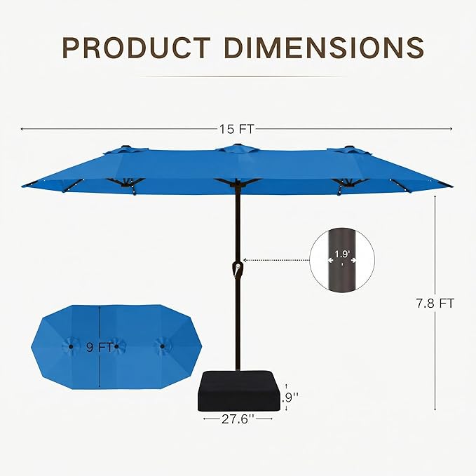 Kingdura 15ft Large Patio Umbrella with Solar Lights, Double-Sided Rectangle Outdoor Table Umbrella with Base Included, 12 Reinforced Ribs, 48 Led Lights, Crank Lift for Market Pool Deck, Royal blue