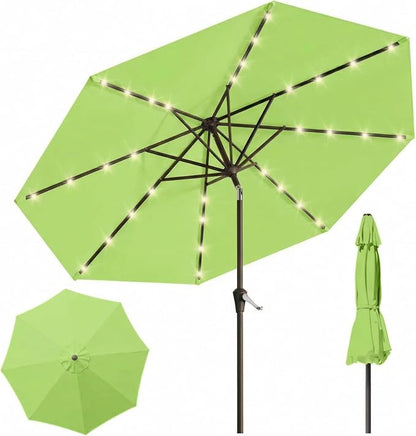 10FT Solar Lighted Patio Umbrella, Outdoor Table Market Umbrellas with Push Button Tilt and Crank, 32 LED Lights, 8 Sturdy Ribs, UV-Resistant for Deck, Garden, Pool