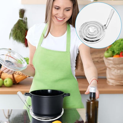 Heat Diffuser for Gas & Electric Stove, Stainless Steel Even Heat Distribution Induction Cooktop Adapter Plate, Double Thickening Simmer Ring with Handle for Milk Coffee(COLOR:Silver)