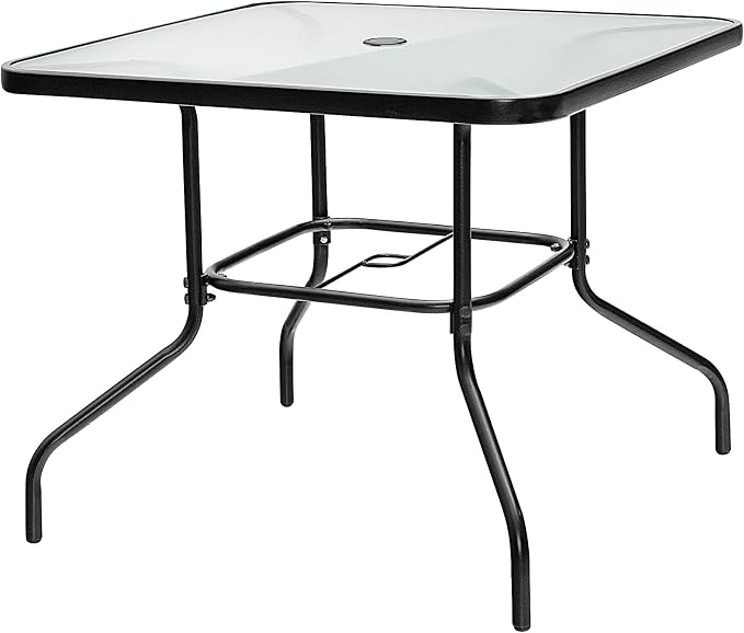 Tangkula 35" Glass Top Patio Dining Table for 4, Square Outdoor Table with Tempered Glass Tabletop, 1.65" Umbrella Hole & Metal Frame, 4-Person Outside Dining Table for Backyard, Lawn, Deck & Poolside