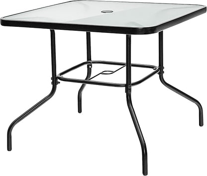 Tangkula 35" Glass Top Patio Dining Table for 4, Square Outdoor Table with Tempered Glass Tabletop, 1.65" Umbrella Hole & Metal Frame, 4-Person Outside Dining Table for Backyard, Lawn, Deck & Poolside
