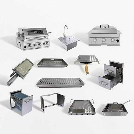 12PCS 32" Built - In Outdoor Kitchen System, 60000 BTU Stainless Steel BBQ Grill Island, Propane Gas Grill with Sink, Rotisserie Kit, Waste bin combo, Cabinets, Patio Backyard Cooking Station
