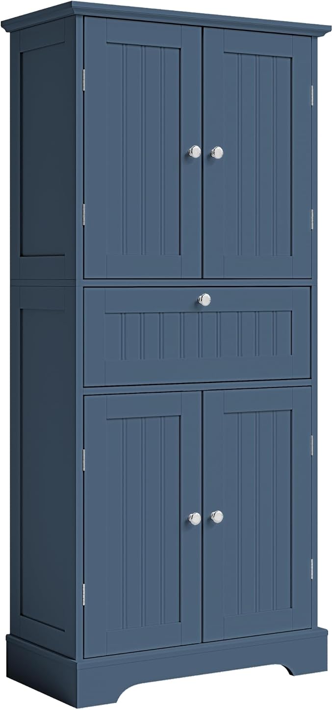 ChooChoo 51" H Bathroom Floor Cabinet with Drawers and Adjustable Shelves | Bathroom Storage Cabinet, Freestanding Kitchen Pantry Cupboard with 4 Doors for Living Room, Blue