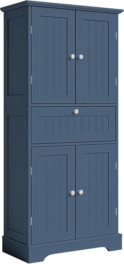 ChooChoo 51" H Bathroom Floor Cabinet with Drawers and Adjustable Shelves | Bathroom Storage Cabinet, Freestanding Kitchen Pantry Cupboard with 4 Doors for Living Room, Blue