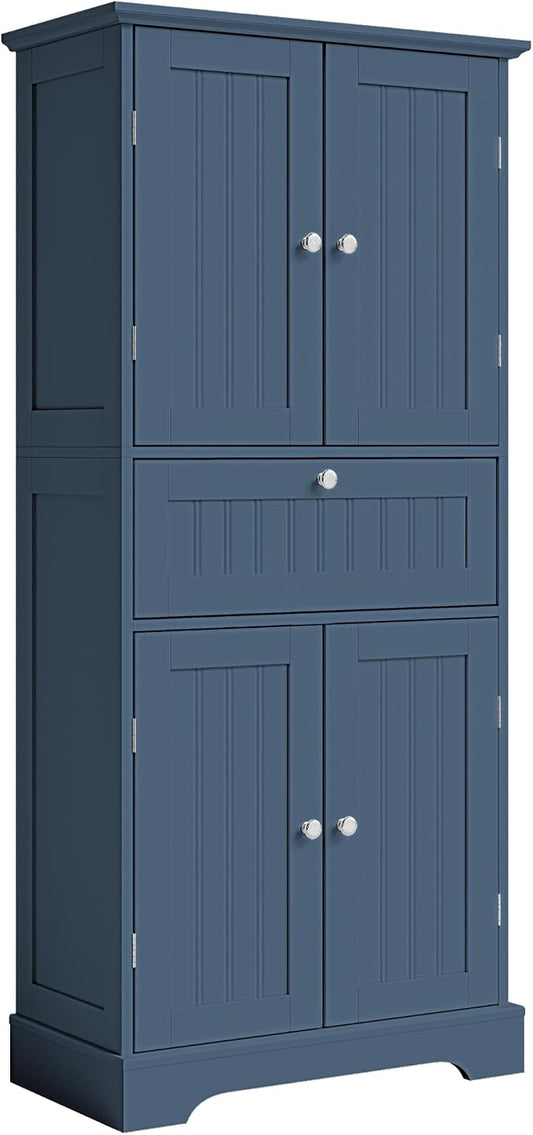 ChooChoo 51" H Bathroom Floor Cabinet with Drawers and Adjustable Shelves | Bathroom Storage Cabinet, Freestanding Kitchen Pantry Cupboard with 4 Doors for Living Room, Blue