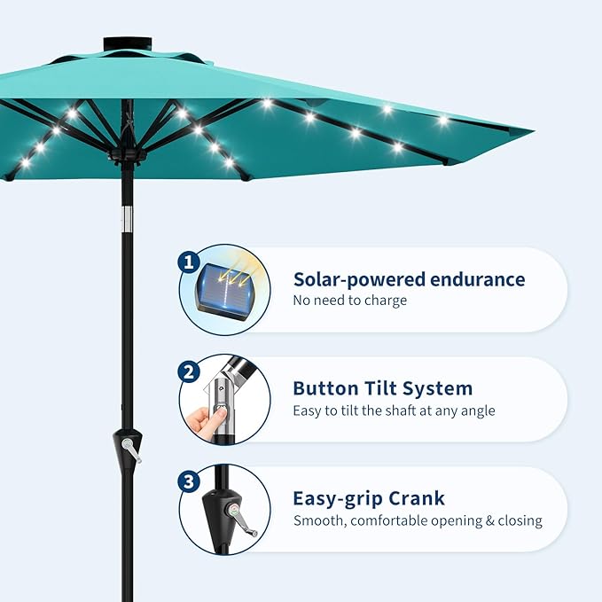 Garvee 9FT Solar Patio Umbrella with 32 LED Lights - Outdoor Table Umbrella with Crank Lift, Push Button Tilt and 8 Sturdy Ribs - Market Umbrella UV Protection for Pool, Deck, Yard, Garden -Sky Blue