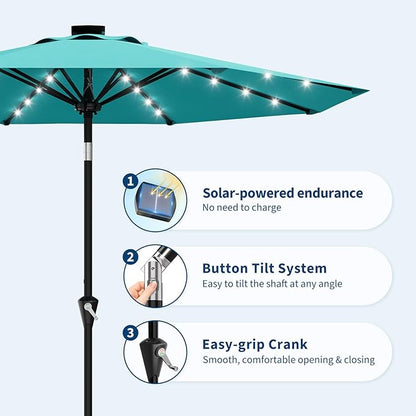 Garvee 10FT Solar Patio Umbrella with 32 LED Lights - Outdoor Table Umbrella with Crank Lift, Push Button Tilt and 8 Sturdy Ribs - Market Umbrella UV Protection for Pool, Deck, Yard, Garden -Sky Blue