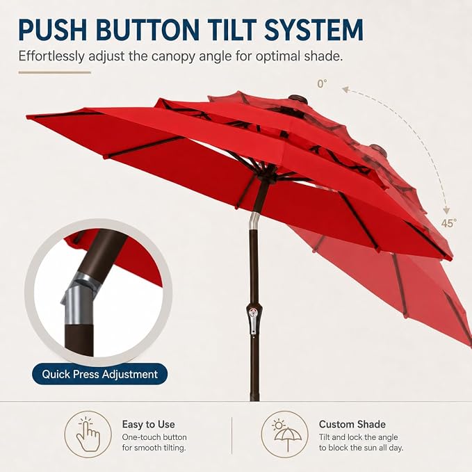 10ft Patio Umbrella, 3-Tier Vented Outdoor Table Umbrella with 8 Sturdy Fiberglass Ribs, Windproof Market Umbrella with Push Button Tilt and Crank, UV Protection for Deck, Pool, Red