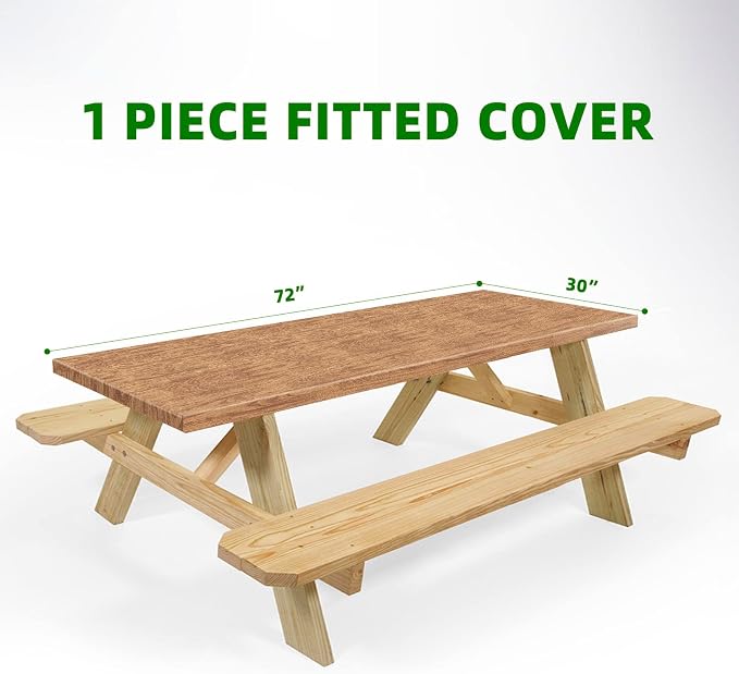 UMINEUX Fitted Rectangle Tablecloth, 30x72 Inch, 1-Pieces, Wood | Fitted for 6 ft Rectangle Tables, Plastic Vinyl Flannel Backed, Elastic Edged, Waterproof & Wipeable, Indoor Patio Use