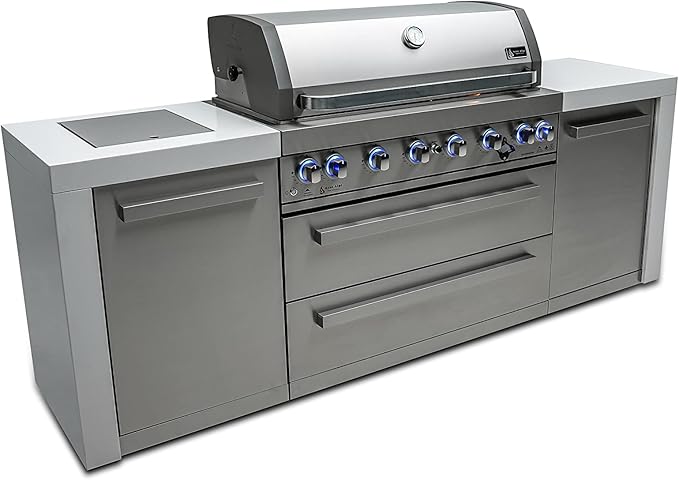 Mont Alpi Premium 94"W x 23"D Deluxe Stainless Steel Modular Outdoor Kitchen Island with Infrared Side Burner + 44"W 6-Burner BBQ Gas Grill + White Granite Countertops + Storage Cabinets & Drawers