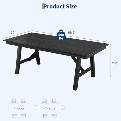 Garvee Outdoor Patio Dining Table for 4-6, 66.9" Long Outdoor HDPE Garden Dining Table with Umbrella Hole, Aluminum Frame, Triangular Legs, Waterproof, All-Weather for Backyard, Poolside, Black