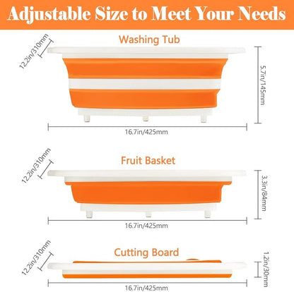 Rottogoon Collapsible Cutting Board, Foldable Chopping Board with Colander, Multifunctional Kitchen Vegetable Washing Basket Silicone Dish Tub for BBQ Prep/Picnic/Camping(Orange)