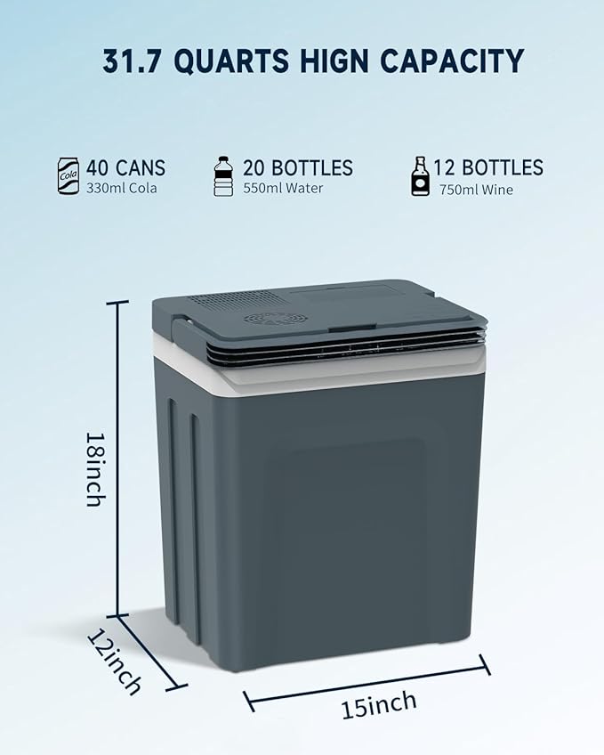 SubSun Electric Cooler & Warmer with Handle 32 Quart (30L), Portable Thermoelectric Fridge, 12V Car Refrigerator, 12V/24V DC 110～240 V AC for Outdoor Camping Travel Home Use, Grey