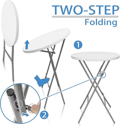 GUAGUA 32inch Folding Cocktail Tables, Bar Height, 2 Pack, White | 32in round bar-height tables with foldable legs for parties, weddings, catering, and portable indoor or outdoor setups.