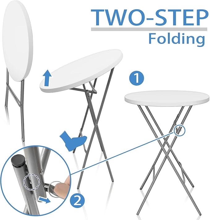 GUAGUA 32in Folding Cocktail Table, Bar Height, Round,High Top, White | Portable plastic table with folding legs for parties, weddings, catering, and indoor or outdoor events.