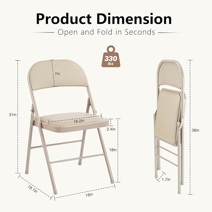 DUMOS 10 Pack Leather Padded Folding Chair, Indoor Outdoor Portable Stackable Commercial Seat with Steel Frame, Capacity for Home, Office, Party, Comfy, Kahki
