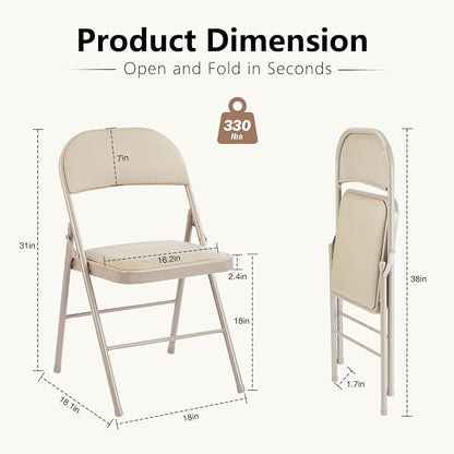 DUMOS 4 Pack Leather Padded Folding Chair, Indoor Outdoor Portable Stackable Commercial Seat with Steel Frame, Capacity for Home, Office, Party, Comfy, Kahki