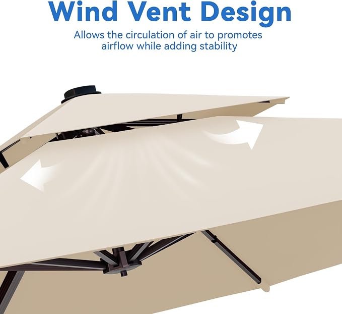 10x13FT Beige Cantilever Outdoor Patio Umbrella with Base, Large Rectangular Offset Design, Double Top Heavy Duty Aluminum Frame & 360° Rotation for Pool Garden Deck Backyard