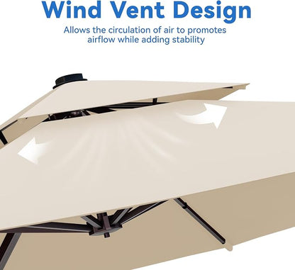 10x13FT Beige Cantilever Outdoor Patio Umbrella with Base, Large Rectangular Offset Design, Double Top Heavy Duty Aluminum Frame & 360° Rotation for Pool Garden Deck Backyard